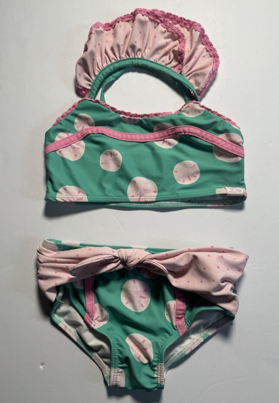 SweetHoney Girls 2 Piece Bikini Swimsuit 4T Mint Pink Sand Dollar Bow Ruffle